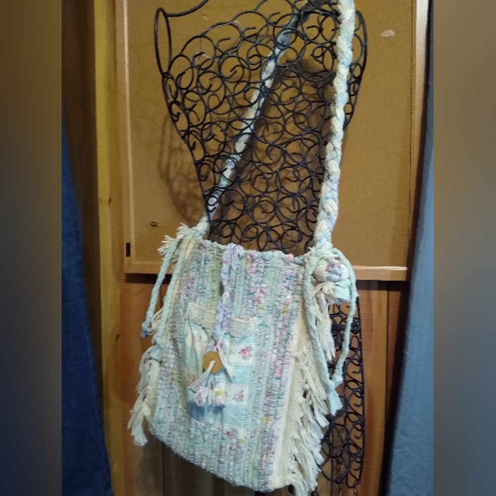 Hand woven on a loom Cream Shoulder Bag with Fringe and Decorative Accents
